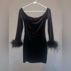 Windsor Black Off Shoulder Dress with Feather Cuffs